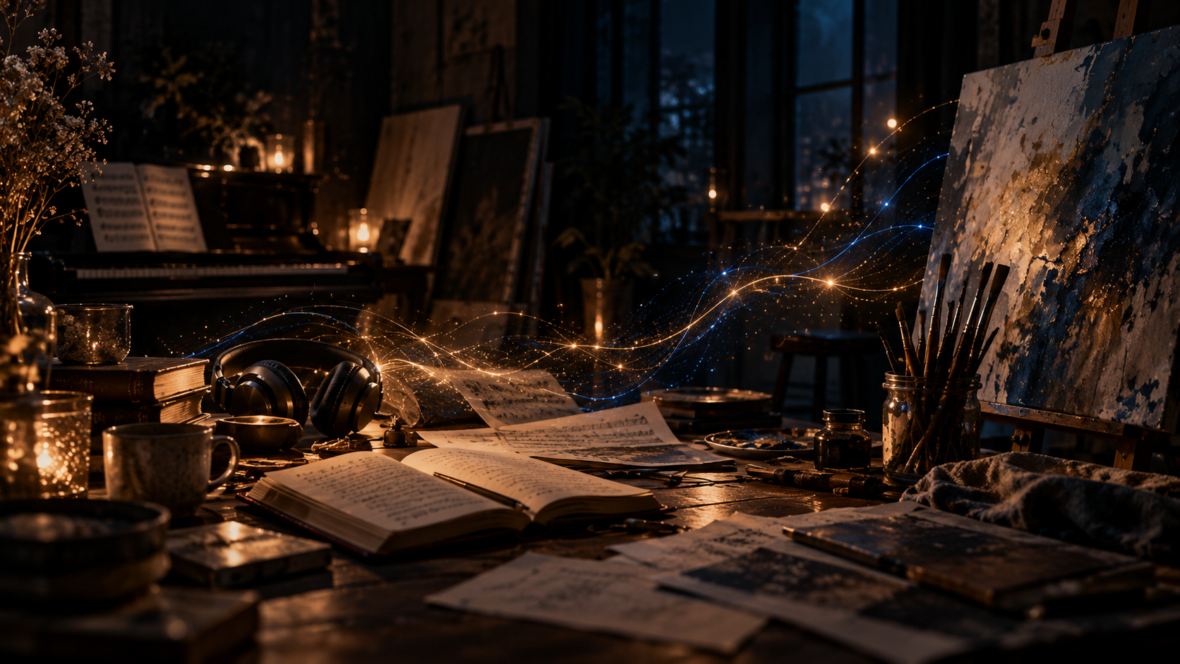 Un estudio de noche: un libro abierto, partituras, auriculares, un piano y un lienzo, unidos por hilos de luz dorada y azul