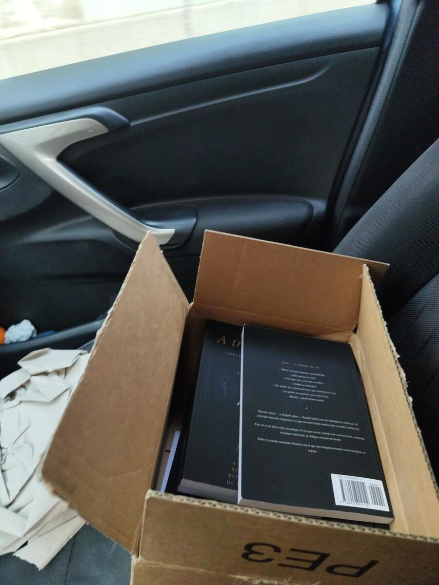 Caja de libros abierta dentro del coche