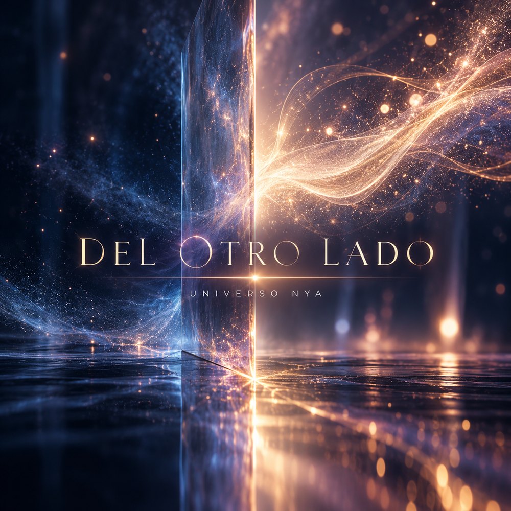 Portada del álbum Del otro lado: un cristal vertical separa un lado azul y oscuro de otro lado de luz dorada