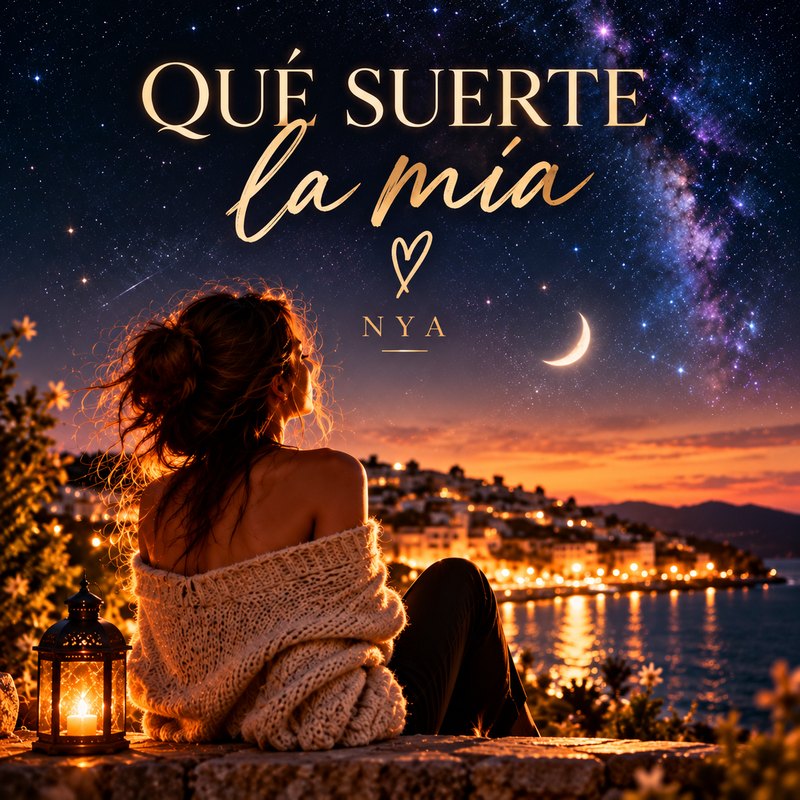 Carátula de Qué suerte la mía: una mujer de espaldas, envuelta en un jersey, mirando un pueblo junto al mar bajo un cielo estrellado