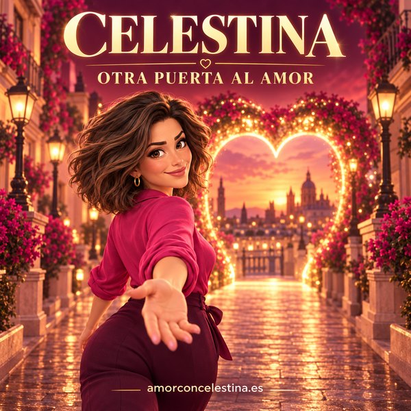 Carátula de las canciones de Celestina: Celestina tiende la mano bajo un arco de luces en forma de corazón