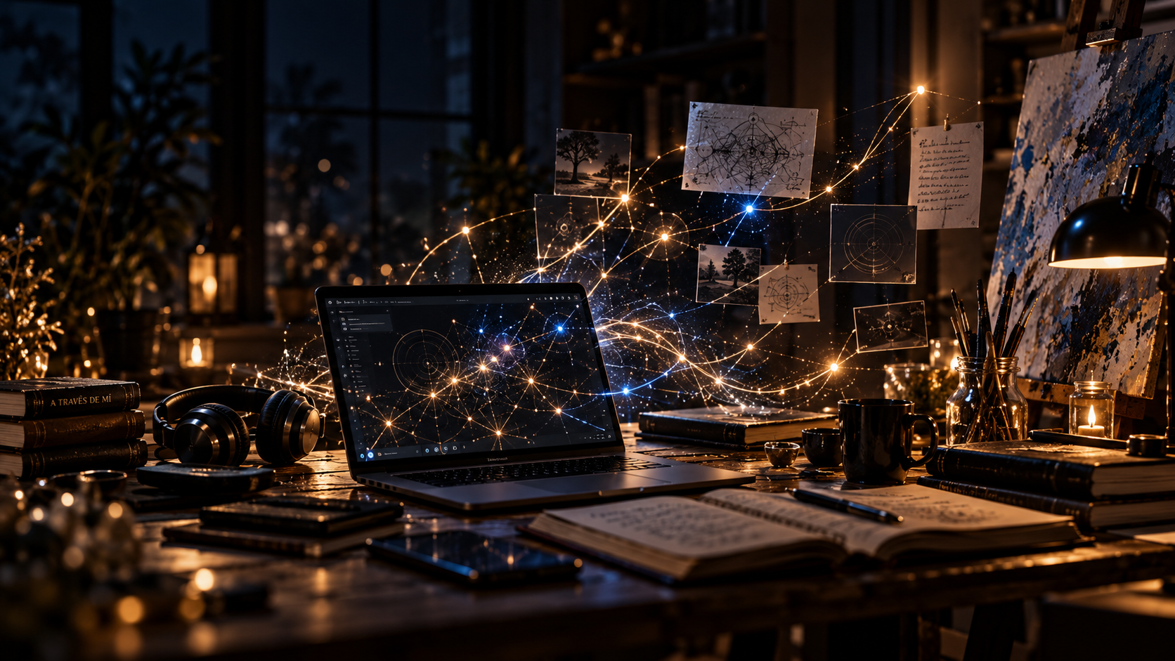 Un escritorio de noche: un portátil del que salen constelaciones de luz que conectan bocetos, ideas y diagramas suspendidos en el aire